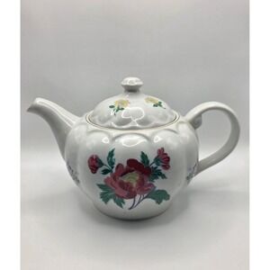 Vintage Parfums Laura Ashley Floral Scalloped Porcelain Teapot Gold Trim White